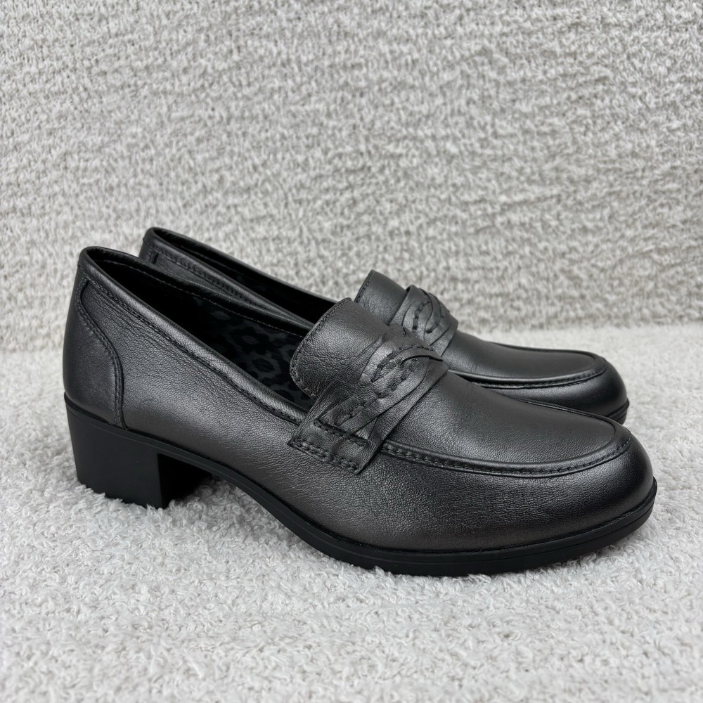 Abeo Pro Shoes‎ Womens 9 Metallic Black Jade Leather Block Heel Slip On Loafer